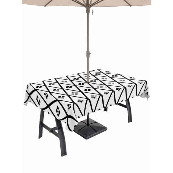 Outdoor Tablecloth with Umbrella Hole for Patio/Picnic/Party/Camping, Minimalist Art Waterproof Table Cloth Rectangle Table Cover Washable, Black White Boho Abstract Floral Lattice (60"x 102")