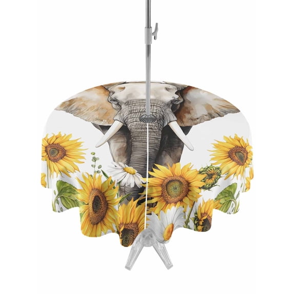 Outdoor Tablecloth with Umbrella Hole for Patio/Picnic/Party/Camping, Modern Elephants Waterproof Table Cloth Round Cover Washable, Spring Summer Watercolor Sunflowers Daisy (Dia 54")