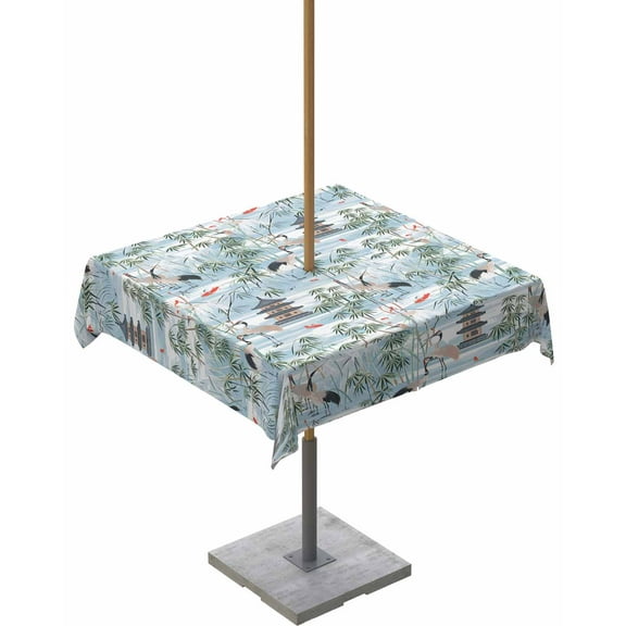 Outdoor Tablecloth with Umbrella Hole for Patio/Picnic/Party/Camping, Modern Garden Waterproof Table Cloth Square Cover Washable, Vintage Building Leaves Bird Landscape 60"x 60"