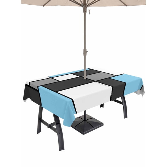 Outdoor Tablecloth with Umbrella Hole for Patio/Picnic/Party/Camping, Modern Geometric Blue Black Waterproof Table Cloth Rectangle Table Cover Washable, Abstract Minimalist Color Blocks (60"x 84")