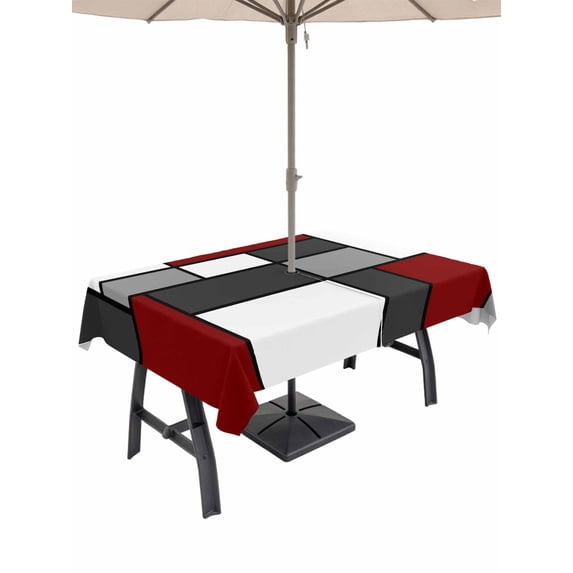 Outdoor Tablecloth with Umbrella Hole for Patio/Picnic/Party/Camping, Modern Geometric Red Black Waterproof Table Cloth Rectangle Table Cover Washable, Abstract Minimalist Color Blocks (52"x 70")