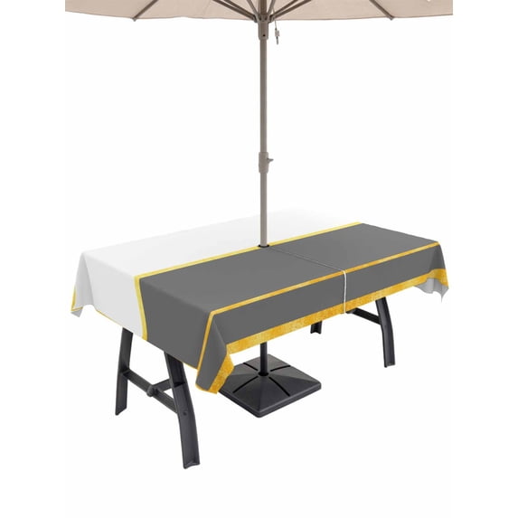 Outdoor Tablecloth with Umbrella Hole for Patio/Picnic/Party/Camping, Modern Grey Gold Waterproof Table Cloth Rectangle Table Cover Washable, Minimalist Geometric Yellow Striped (52"x 70")