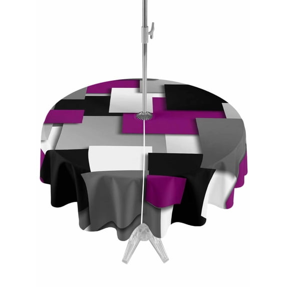 Outdoor Tablecloth with Umbrella Hole for Patio/Picnic/Party/Camping, Modern Purple Grey Waterproof Table Cloth Round Cover Washable, Abstract Geometric Color Blocks (Dia 60")