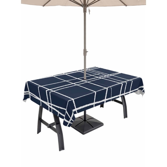 Outdoor Tablecloth with Umbrella Hole for Patio/Picnic/Party/Camping, Modern Striped Waterproof Table Cloth Rectangle Table Cover Washable, Navy Indigo Contemporary Minimalist Art (52"x 70")