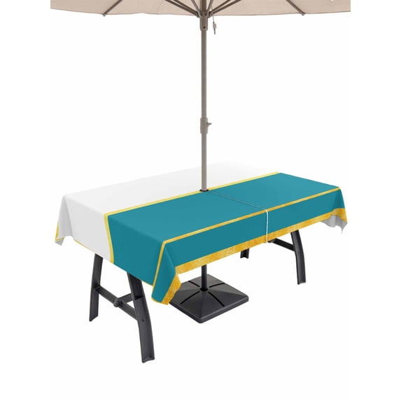Outdoor Tablecloth with Umbrella Hole for Patio/Picnic/Party/Camping, Modern Teal Gold Waterproof Table Cloth Rectangle Table Cover Washable, Minimalist Geometric Yellow Striped (54"x 80")