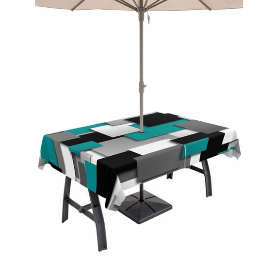 Outdoor Tablecloth with Umbrella Hole for Patio/Picnic/Party/Camping, Modern Turquoise Grey Waterproof Table Cloth Rectangle Table Cover Washable, Abstract Geometric Color Blocks (60"x 84")