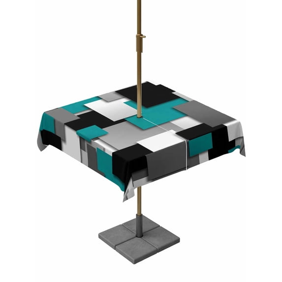 Outdoor Tablecloth with Umbrella Hole for Patio/Picnic/Party/Camping, Modern Turquoise Grey Waterproof Table Cloth Square Cover Washable, Abstract Geometric Color Blocks (60"x 60")