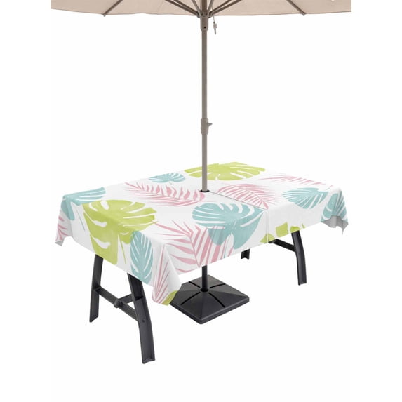Outdoor Tablecloth with Umbrella Hole for Patio/Picnic/Party/Camping, Monstera Leaves Waterproof Table Cloth Rectangle Table Cover Washable, Green Pink Tropical Summer Botanical (60"x 102")