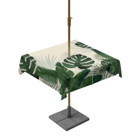 Outdoor Tablecloth with Umbrella Hole for Patio/Picnic/Party/Camping, Monstera Leaves Waterproof Table Cloth Square Cover Washable, Summer Green Tropical Plants Leaf Beige (60"x 60")