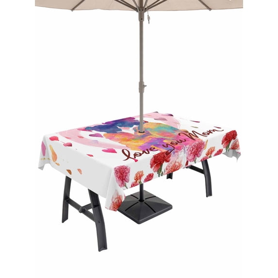 Outdoor Tablecloth with Umbrella Hole for Patio/Picnic/Party/Camping, Mother's Day Waterproof Table Cloth Rectangle Table Cover Washable, Watercolor Love You Mom Carnations Flowers (60"x 102")