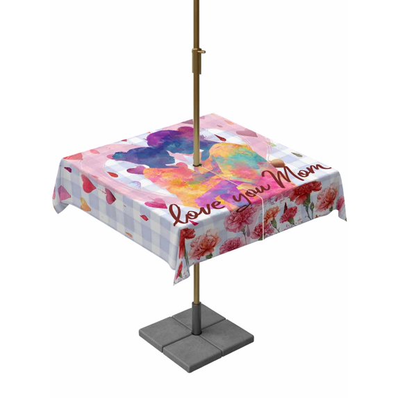 Outdoor Tablecloth with Umbrella Hole for Patio/Picnic/Party/Camping, Mother's Day Waterproof Table Cloth Square Cover Washable, Love You Mom Carnations Flowers Plaid (54"x 54")