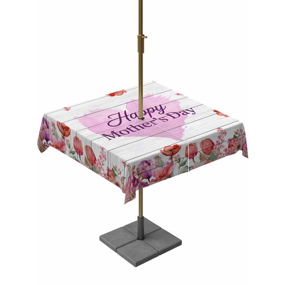 Outdoor Tablecloth with Umbrella Hole for Patio/Picnic/Party/Camping, Mother's Day Waterproof Table Cloth Square Cover Washable, Spring Floral Purple Love Heart Wood Grain (60"x 60")