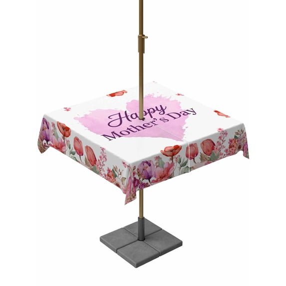Outdoor Tablecloth with Umbrella Hole for Patio/Picnic/Party/Camping, Mother's Day Waterproof Table Cloth Square Cover Washable, Spring Watercolor Flowers Purple Love Heart (54"x 54")