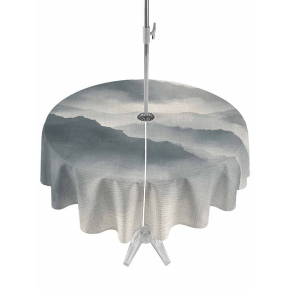 Outdoor Tablecloth with Umbrella Hole for Patio/Picnic/Party/Camping, Mountain Peak Waterproof Table Cloth Round Cover Washable, Gray Beige Mist Zen Modern Fantasy (Dia 60")