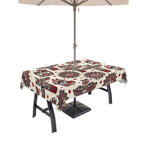 Outdoor Tablecloth with Umbrella Hole for Patio/Picnic/Party/Camping, Native Totem Waterproof Table Cloth Rectangle Table Cover Washable, Ethnic Boho Tribal Earthy Red Beige Abstract (60"x 84")