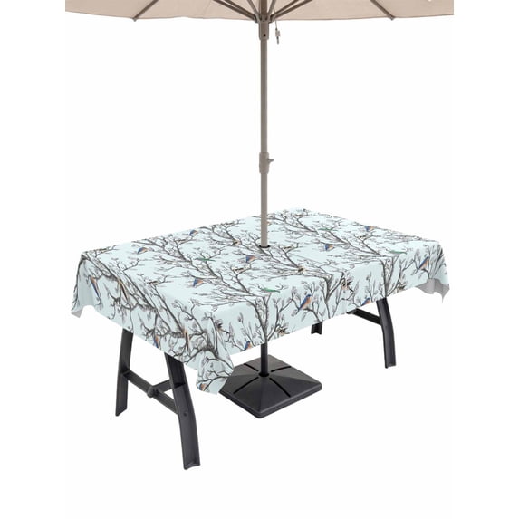 Outdoor Tablecloth with Umbrella Hole for Patio/Picnic/Party/Camping, Natural Trees Branches Waterproof Table Cloth Rectangle Table Cover Washable, Colored Birds Vintage Rustic Blue (54"x 80")