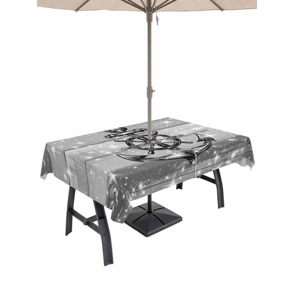 Outdoor Tablecloth with Umbrella Hole for Patio/Picnic/Party/Camping, Nautical Anchor Waterproof Table Cloth Rectangle Table Cover Washable, Rudder Stars Retro Black Grey Wooden Grain (60"x 84")