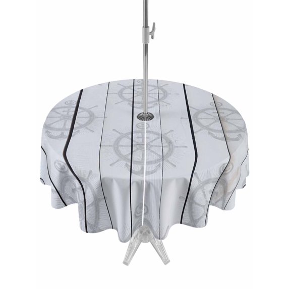 Outdoor Tablecloth with Umbrella Hole for Patio/Picnic/Party/Camping, Nautical Anchor Waterproof Table Cloth Round Cover Washable, Coastal Ocean Sea Grey Wooden Grain (Dia 54")
