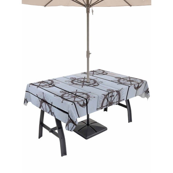 Outdoor Tablecloth with Umbrella Hole for Patio/Picnic/Party/Camping, Nautical Brown Anchor Waterproof Table Cloth Rectangle Table Cover Washable, Coastal Ocean Sea Grey Wooden Grain (52"x 70")