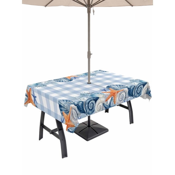 Outdoor Tablecloth with Umbrella Hole for Patio/Picnic/Party/Camping, Nautical Coastal Waterproof Table Cloth Rectangle Table Cover Washable, Ocean Starfish Shells Coral Conch Blue Plaid (54"x 80")