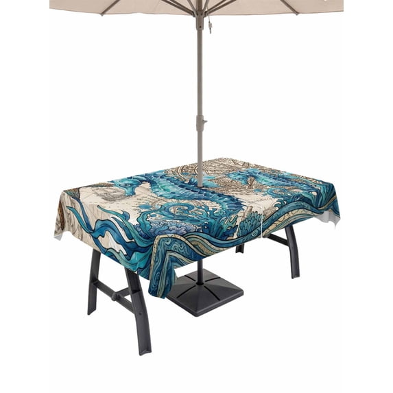 Outdoor Tablecloth with Umbrella Hole for Patio/Picnic/Party/Camping, Nautical Coastal Waterproof Table Cloth Rectangle Table Cover Washable, Retro Marine Life Seahorse Compass Map Beige (52"x 70")