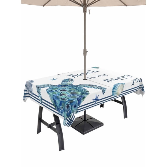 Outdoor Tablecloth with Umbrella Hole for Patio/Picnic/Party/Camping, Nautical Coastal Waterproof Table Cloth Rectangle Table Cover Washable, Summer Beach Shells Turtle Starfish Wood Blue (60"x 84")