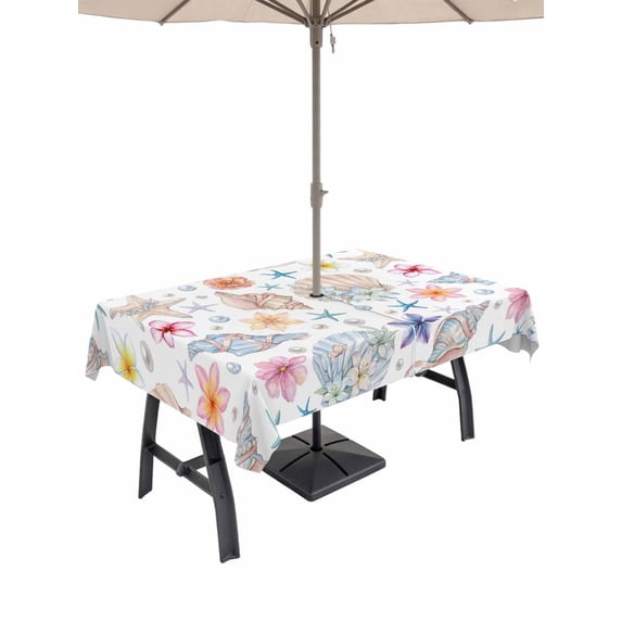 Outdoor Tablecloth with Umbrella Hole for Patio/Picnic/Party/Camping, Nautical Coastal Waterproof Table Cloth Rectangle Table Cover Washable, Summer Beach Shell Starfish Floral (60"x 102")