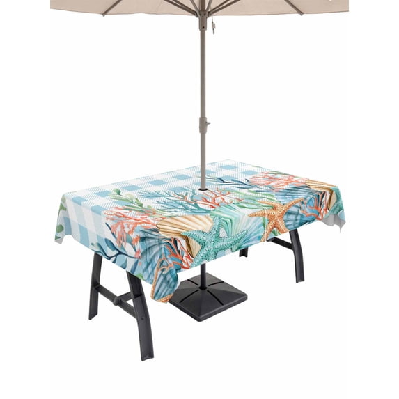 Outdoor Tablecloth with Umbrella Hole for Patio/Picnic/Party/Camping, Nautical Coastal Waterproof Table Cloth Rectangle Table Cover Washable, Summer Beach Shell Coral Seaweed Blue Plaid (60"x 84")