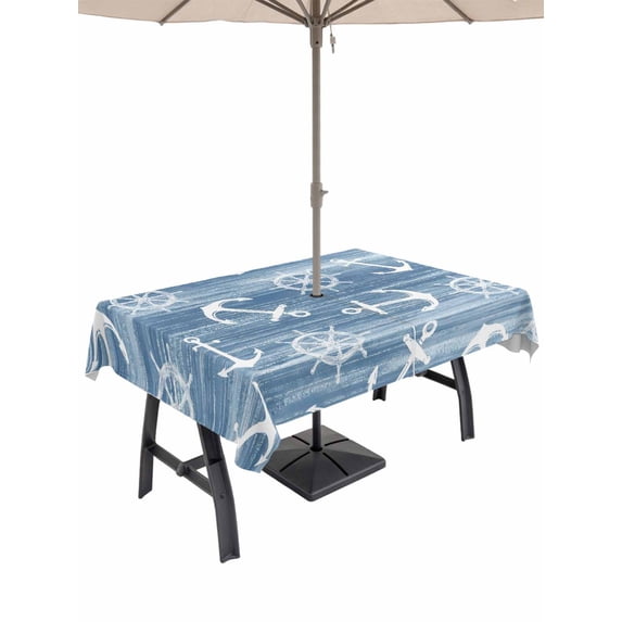 Outdoor Tablecloth with Umbrella Hole for Patio/Picnic/Party/Camping, Nautical Coastal Waterproof Table Cloth Rectangle Table Cover Washable, Summer Ocean Anchors Rudder Retro Blue (60"x 84")