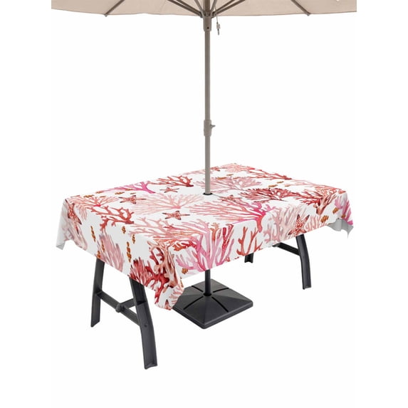 Outdoor Tablecloth with Umbrella Hole for Patio/Picnic/Party/Camping, Nautical Coastal Waterproof Table Cloth Rectangle Table Cover Washable, Summer Sea Coral Starfish Underwater Red (52"x 70")