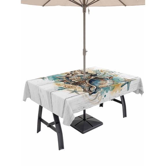 Outdoor Tablecloth with Umbrella Hole for Patio/Picnic/Party/Camping, Nautical Coastal Waterproof Table Cloth Rectangle Table Cover Washable, Summer Sea Starfish Conch Vintage Wooden Gray (54"x 80")
