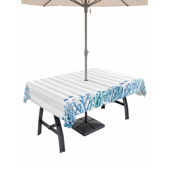 Outdoor Tablecloth with Umbrella Hole for Patio/Picnic/Party/Camping, Nautical Coastal Waterproof Table Cloth Rectangle Table Cover Washable, Summer Underwater Ocean Starfish Gray Stripes (60"x 120")