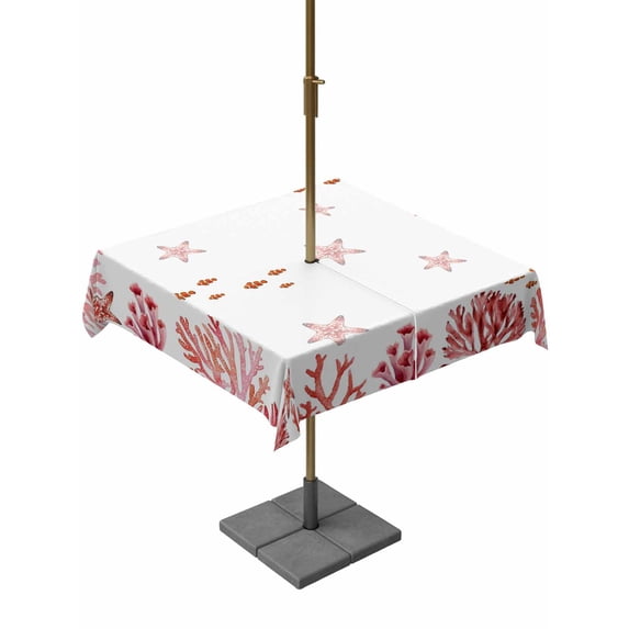 Outdoor Tablecloth with Umbrella Hole for Patio/Picnic/Party/Camping, Nautical Coastal Waterproof Table Cloth Square Cover Washable, Red Marine Starfish Coral Summer Ocean (54"x 54")