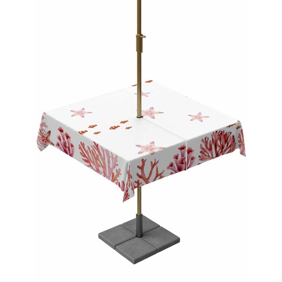 Outdoor Tablecloth with Umbrella Hole for Patio/Picnic/Party/Camping, Nautical Coastal Waterproof Table Cloth Square Cover Washable, Red Marine Starfish Coral Summer Ocean (54"x 54")