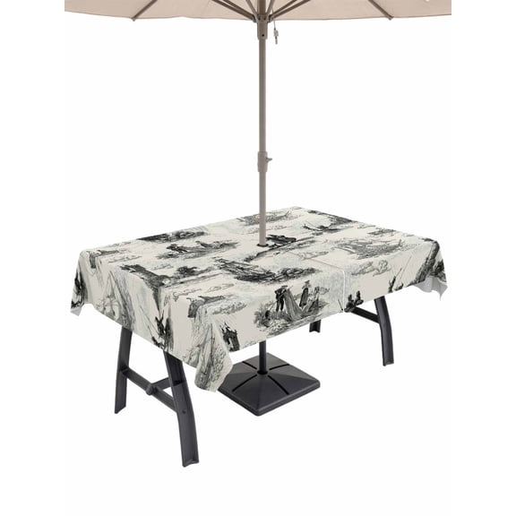 Outdoor Tablecloth with Umbrella Hole for Patio/Picnic/Party/Camping, Nautical Lighthouse Waterproof Table Cloth Rectangle Table Cover Washable, Farmhouse Retro Ocean Ship Map (52"x 70")