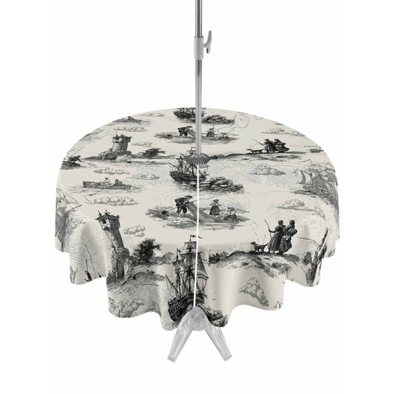 Outdoor Tablecloth with Umbrella Hole for Patio/Picnic/Party/Camping, Nautical Lighthouse Waterproof Table Cloth Round Cover Washable, Farmhouse Retro Ocean Ship Map (Dia 54")