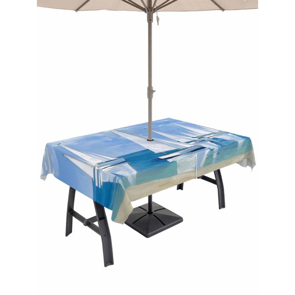 Outdoor Tablecloth with Umbrella Hole for Patio/Picnic/Party/Camping, Nautical Sailboat Waterproof Table Cloth Rectangle Table Cover Washable, Summer Coastal Boat Painting Art Sky Blue (52"x 70")