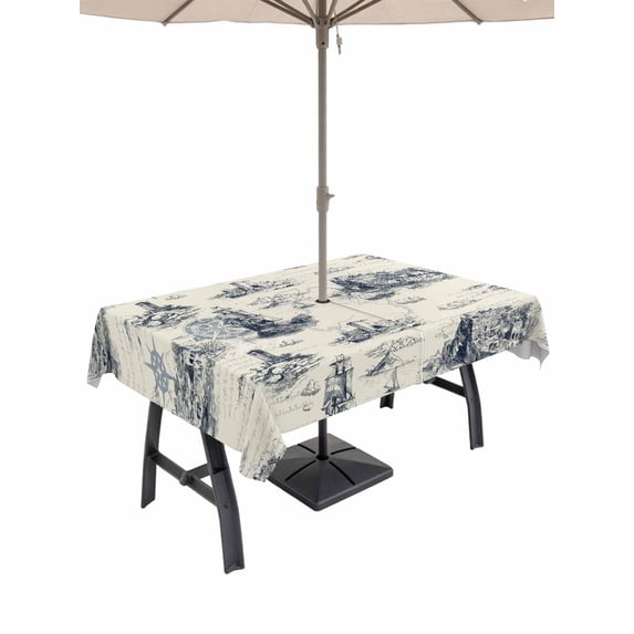 Outdoor Tablecloth with Umbrella Hole for Patio/Picnic/Party/Camping, Nautical Ship Waterproof Table Cloth Rectangle Table Cover Washable, Retro Coastal Ocean Lighthouse Mountain Map (60"x 84")
