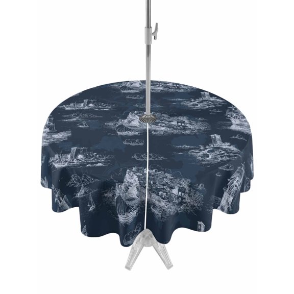 Outdoor Tablecloth with Umbrella Hole for Patio/Picnic/Party/Camping, Nautical Ship Waterproof Table Cloth Round Cover Washable, Farmhouse Blue Ocean Lighthouse Mountain (Dia 54")