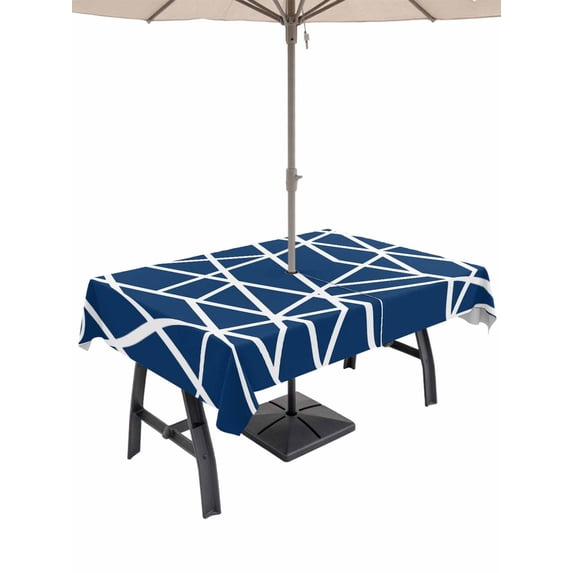 Outdoor Tablecloth with Umbrella Hole for Patio/Picnic/Party/Camping, Nave Blue Geometric Waterproof Table Cloth Rectangle Table Cover Washable, Abstract Stripes Modern Minimalist (60"x 84")