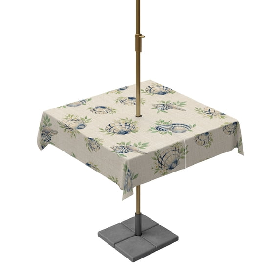 Outdoor Tablecloth with Umbrella Hole for Patio/Picnic/Party/Camping, Navy Beach Scallops Waterproof Table Cloth Square Cover Washable, Vintage Summer Coastal Leaves Beige (54"x 54")