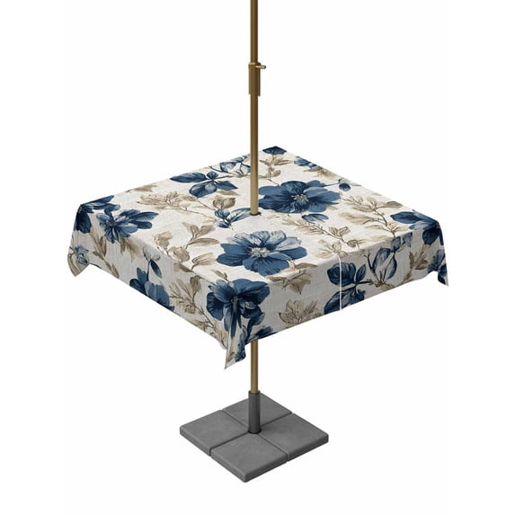 Outdoor Tablecloth with Umbrella Hole for Patio/Picnic/Party/Camping, Navy Blue Beige Floral Waterproof Table Cloth Square Cover Washable, Vintage Farmhouse Floral Leaves (54"x 54")