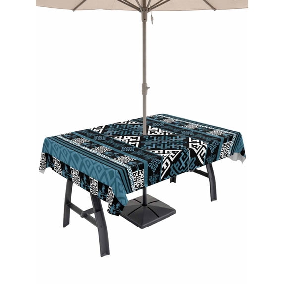 Outdoor Tablecloth with Umbrella Hole for Patio/Picnic/Party/Camping, Navy Blue Boho Waterproof Table Cloth Rectangle Table Cover Washable, Geometric Vintage Abstract Art Ethnic Tribe (60"x 102")