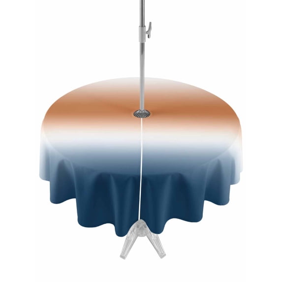 Outdoor Tablecloth with Umbrella Hole for Patio/Picnic/Party/Camping, Navy Blue Burnt Orange Ombre Waterproof Table Cloth Round Cover Washable, Modern Gradient Abstract (Dia 54")
