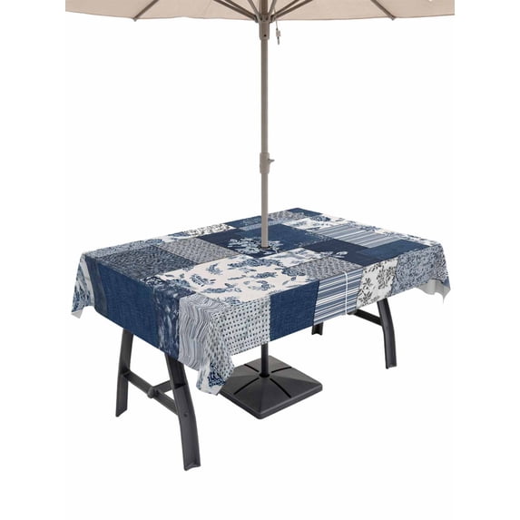 Outdoor Tablecloth with Umbrella Hole for Patio/Picnic/Party/Camping, Navy Blue Checkered Waterproof Table Cloth Rectangle Table Cover Washable, Vintage Floral Plaid Aesthetics (54"x 80")