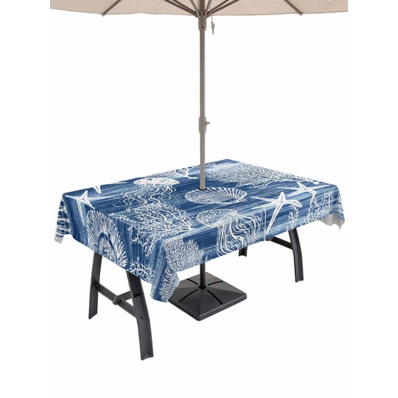 Outdoor Tablecloth with Umbrella Hole for Patio/Picnic/Party/Camping, Navy Blue Coastal Waterproof Table Cloth Rectangle Table Cover Washable, Nautical Starfish Coral Jellyfish Shell Sea (52"x 70")