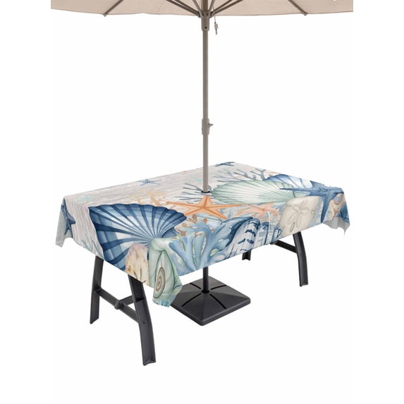 Outdoor Tablecloth with Umbrella Hole for Patio/Picnic/Party/Camping, Navy Blue Coastal Waterproof Table Cloth Rectangle Table Cover Washable, Shell Starfish Coral Vintage Summer Beach (60"x 102")