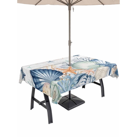 Outdoor Tablecloth with Umbrella Hole for Patio/Picnic/Party/Camping, Navy Blue Coastal Waterproof Table Cloth Rectangle Table Cover Washable, Shell Starfish Coral Nautical Wooden Ocean (60"x 120")