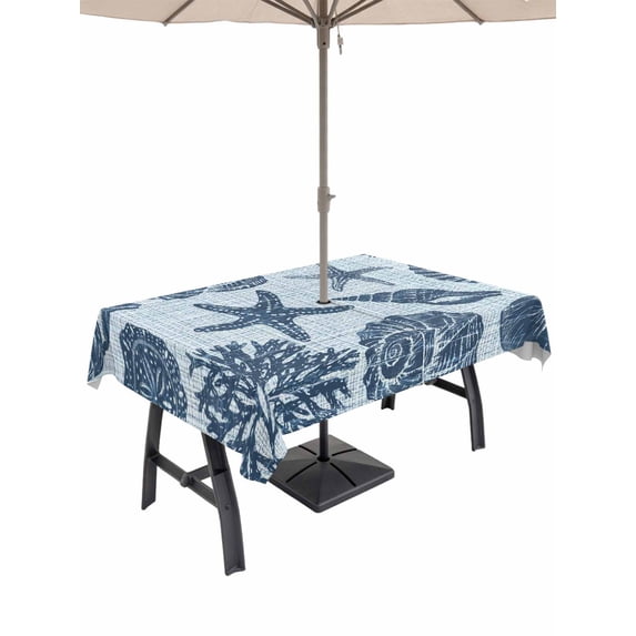 Outdoor Tablecloth with Umbrella Hole for Patio/Picnic/Party/Camping, Navy Blue Coastal Waterproof Table Cloth Rectangle Table Cover Washable, Vintage Starfish Shell Summer Tropical (54"x 80")