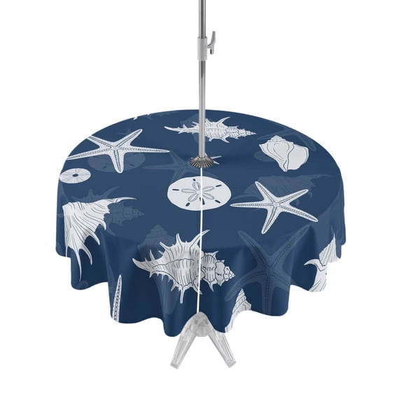 Outdoor Tablecloth with Umbrella Hole for Patio/Picnic/Party/Camping, Navy Blue Coastal Waterproof Table Cloth Round Cover Washable, Summer Ocean Nautical Starfish Shells (Dia 54")